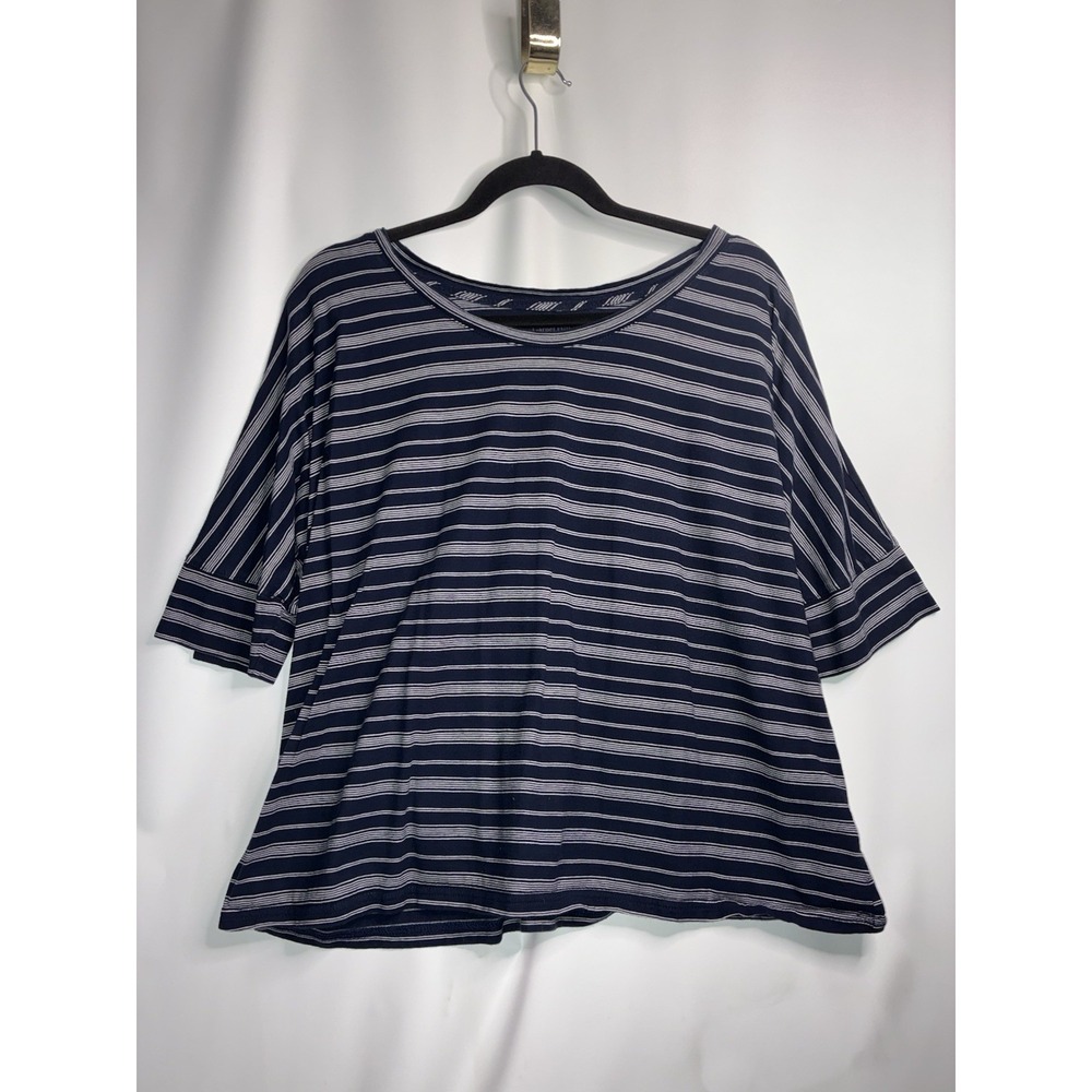 Garnet Hill Elbow-Sleeve T Shirt Stripe Blue White Medium Pima Green Cotton